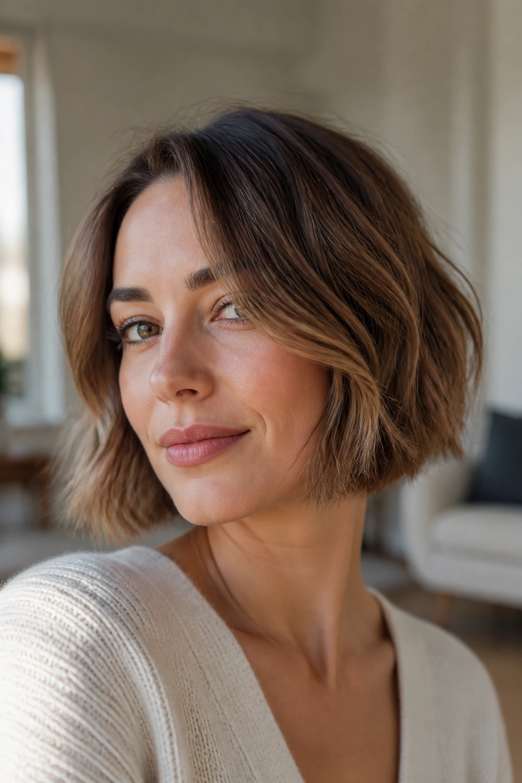 Close-up of real woman with undone waves on chin-length bob in a sunlit living room