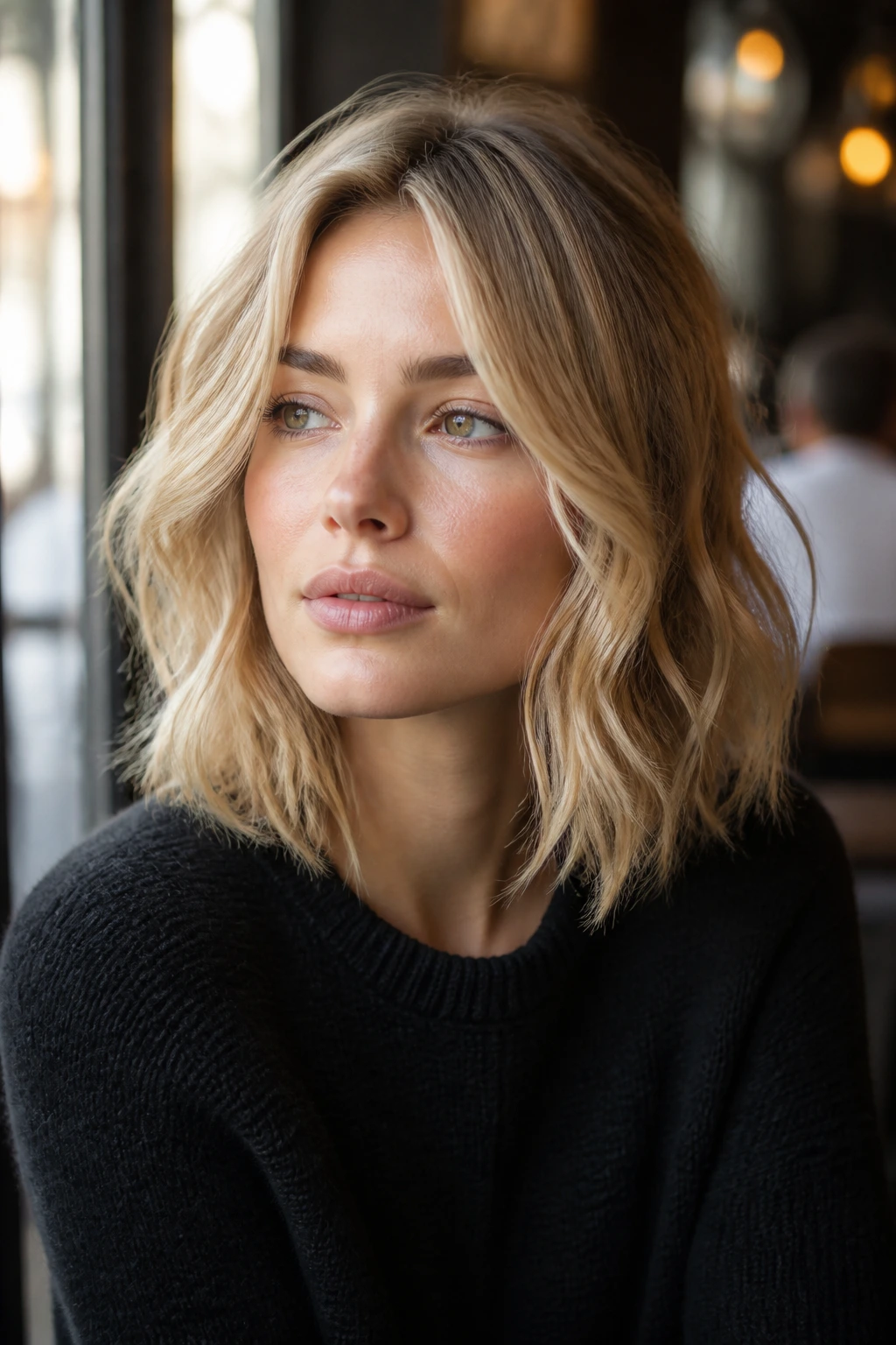 Real woman with French-Girl undone waves and off-center part