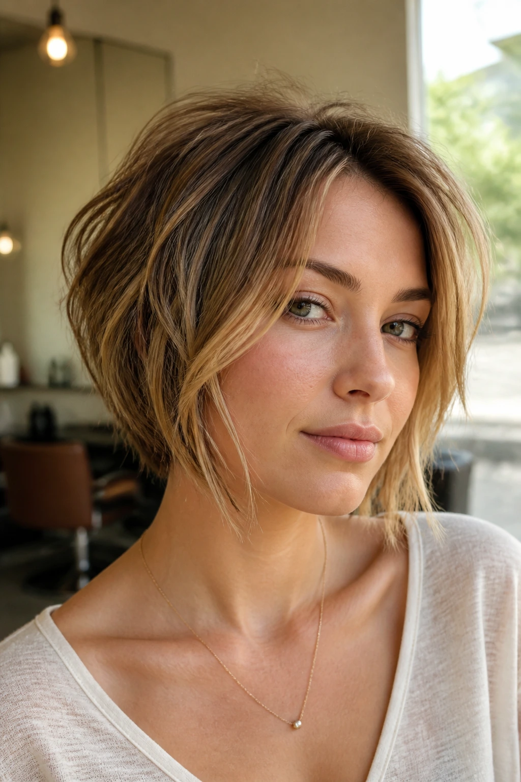 Close-up of a real woman with an undone wedge bob in warm salon light.