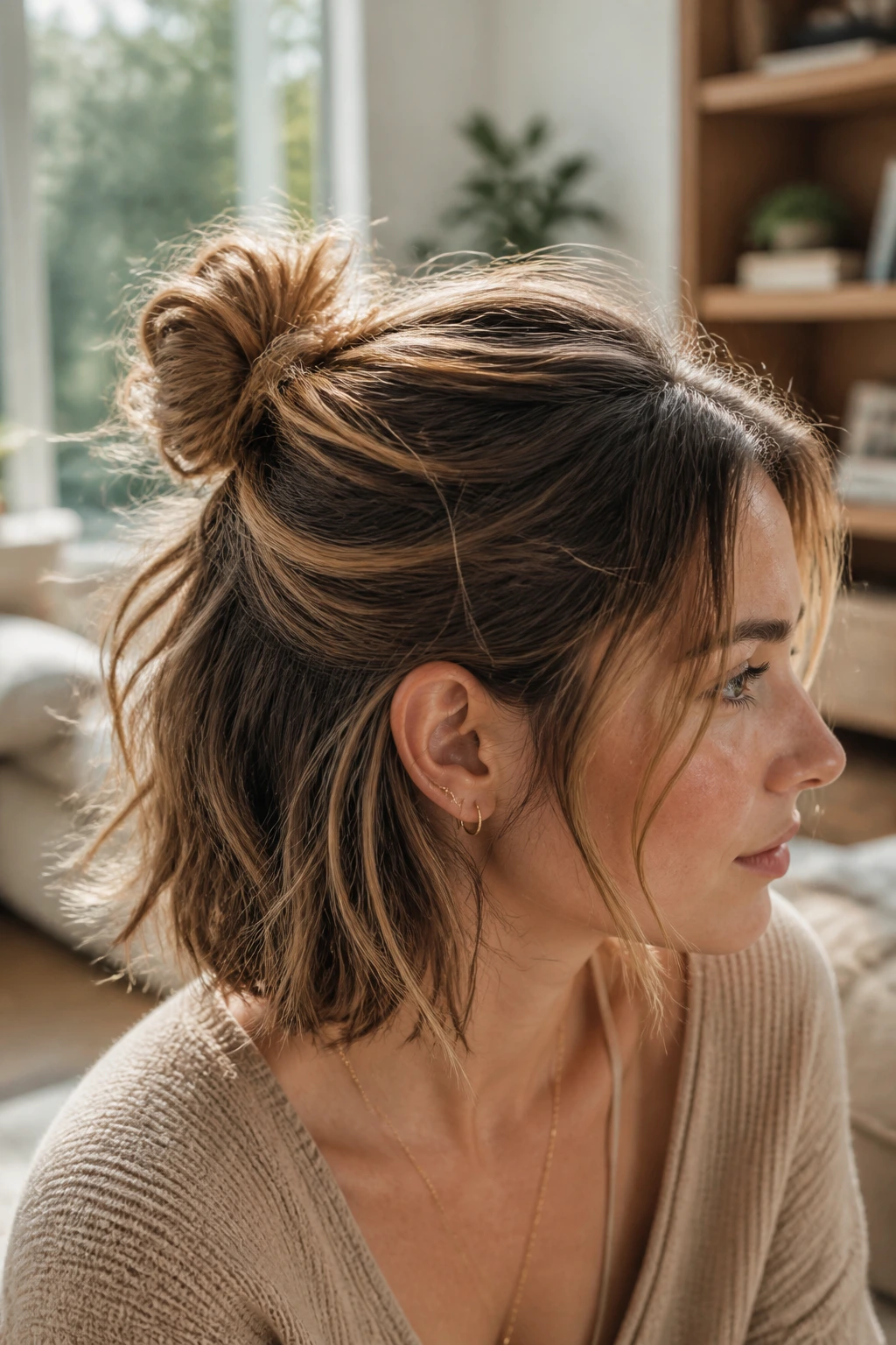 Close-up of a real person with an almost-undone weekend half-up bun and loose side pieces