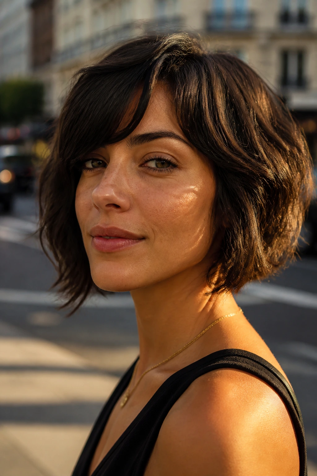 Real woman with subtle asymmetrical bob in city light