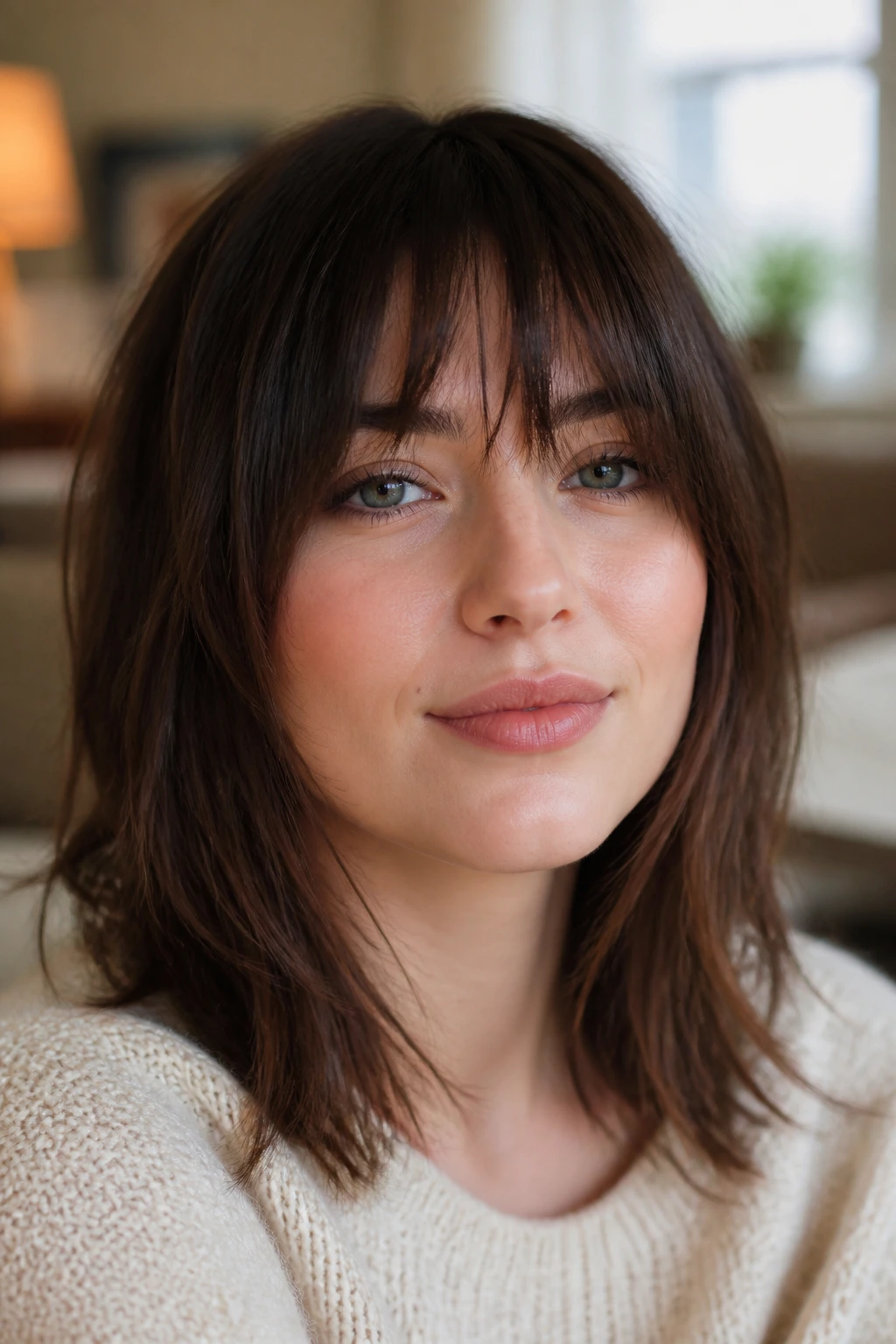 Real woman with uneven lash-grazing bangs in a warm-lit room.