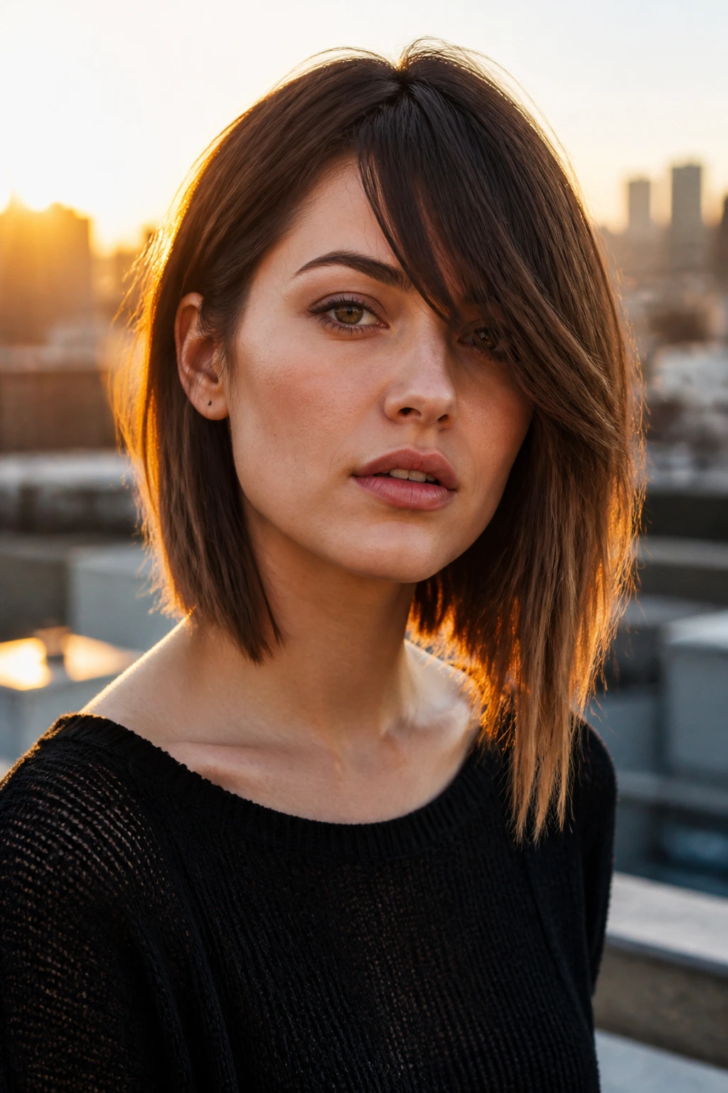 Close-up portrait of a real person with an uneven lob and asymmetric fringe
