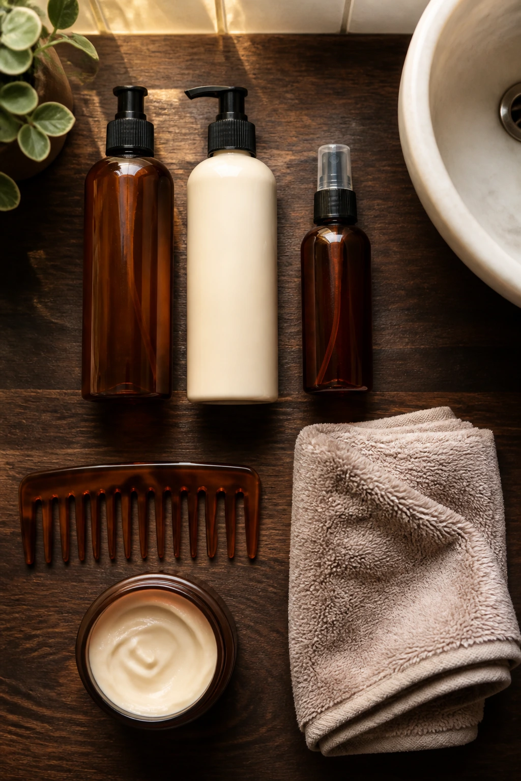 Flat-lay of unlabeled hair care products and tools on a dark vanity