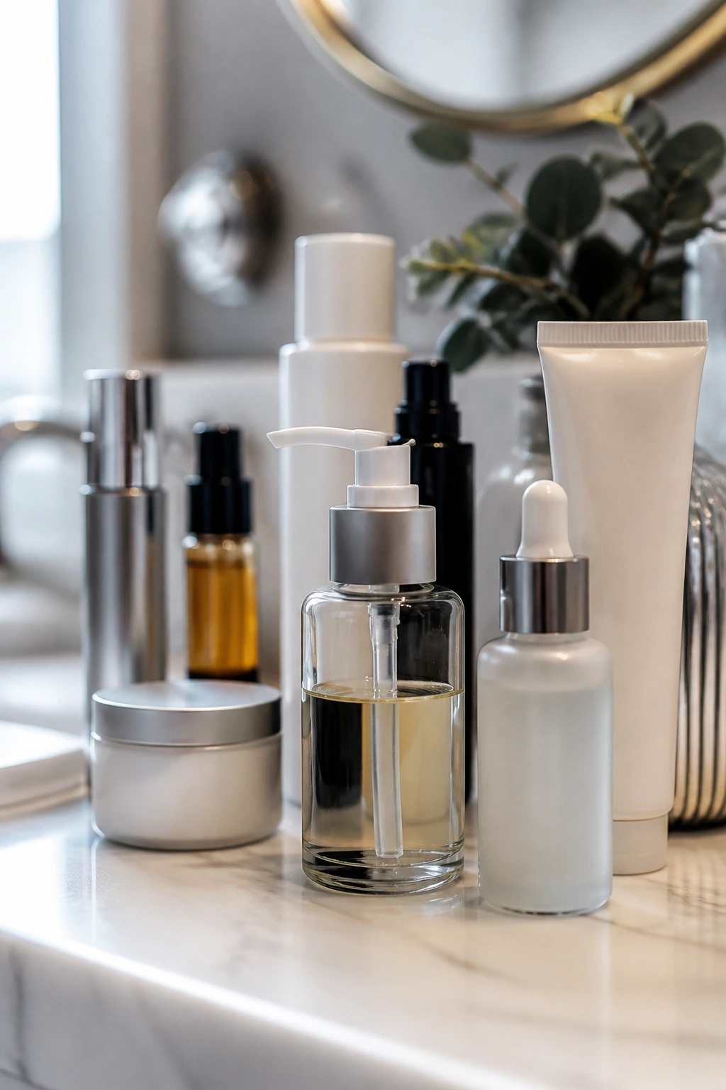Unlabelled cosmetic bottles on a vanity illustrating product choices for short hair