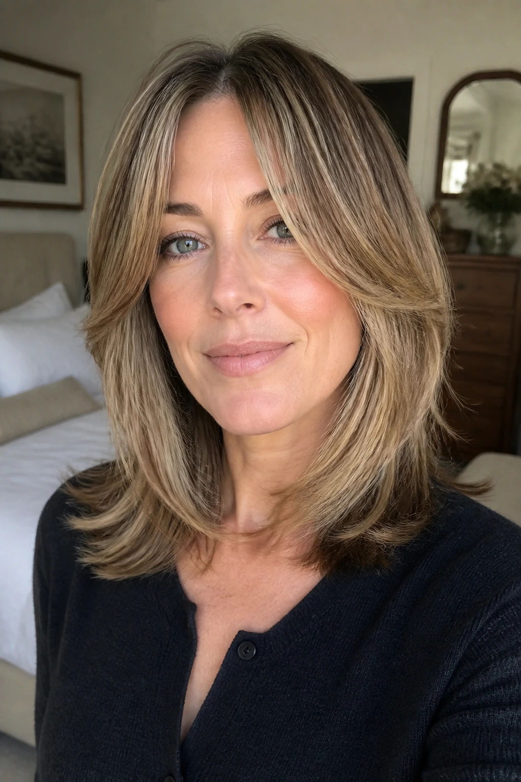 Close-up of a real woman with Updated Rachel Cut featuring shoulder-grazing length and a soft face-framing layer.