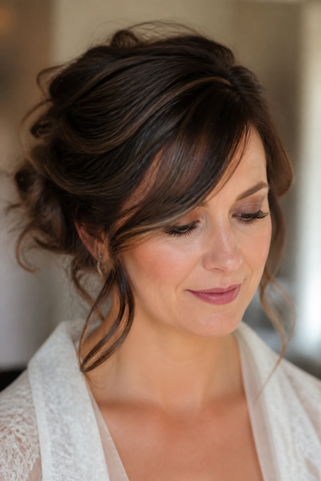 Portrait of a real woman with a soft asymmetrical updo and side-swept bangs.