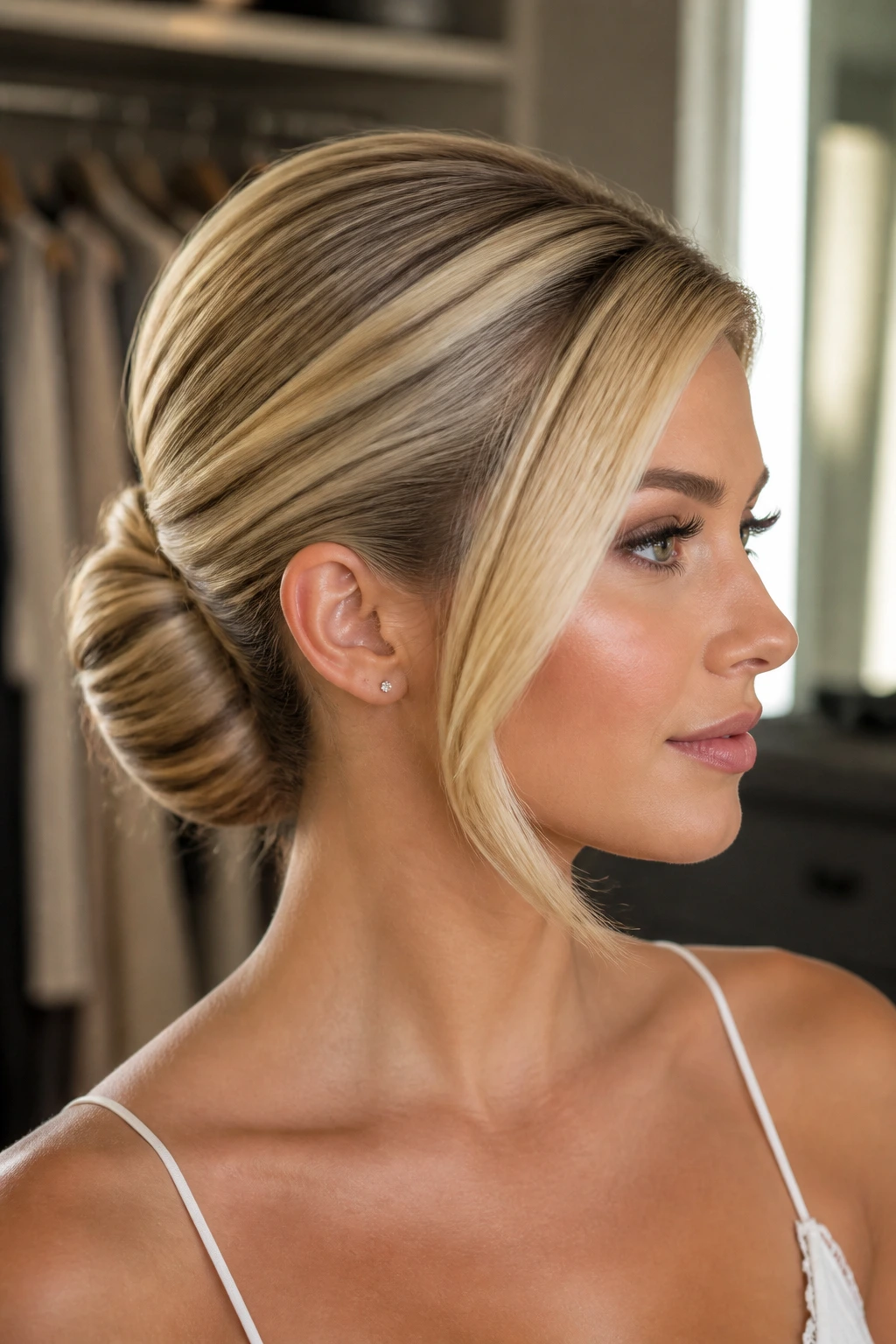 Close-up of Wrapped Ponytail Chignon with gloss finish on a real woman with blonde money pieces