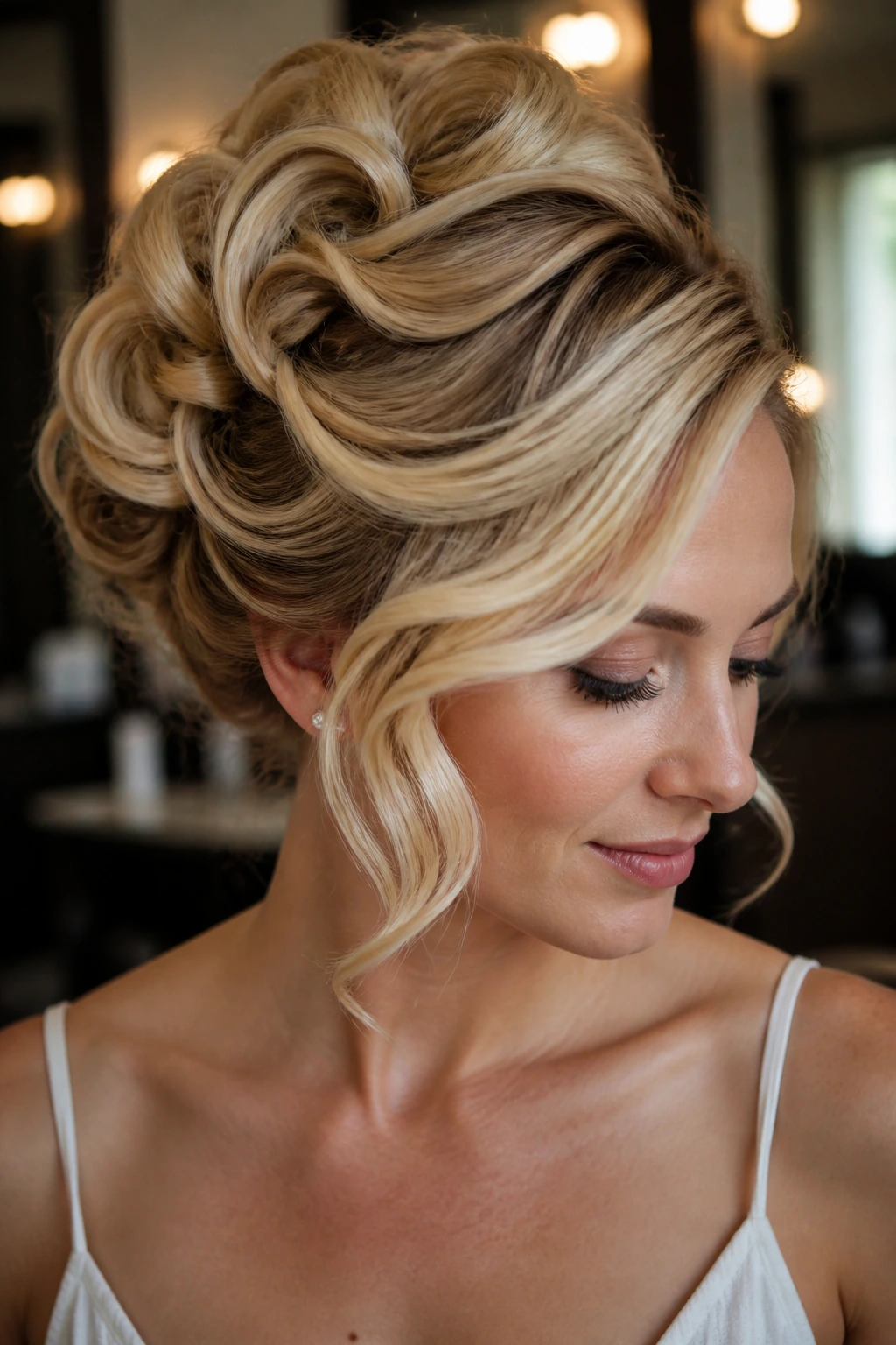 Close-up of Pin-Curled Vintage Updo with Side Sweep on a real person