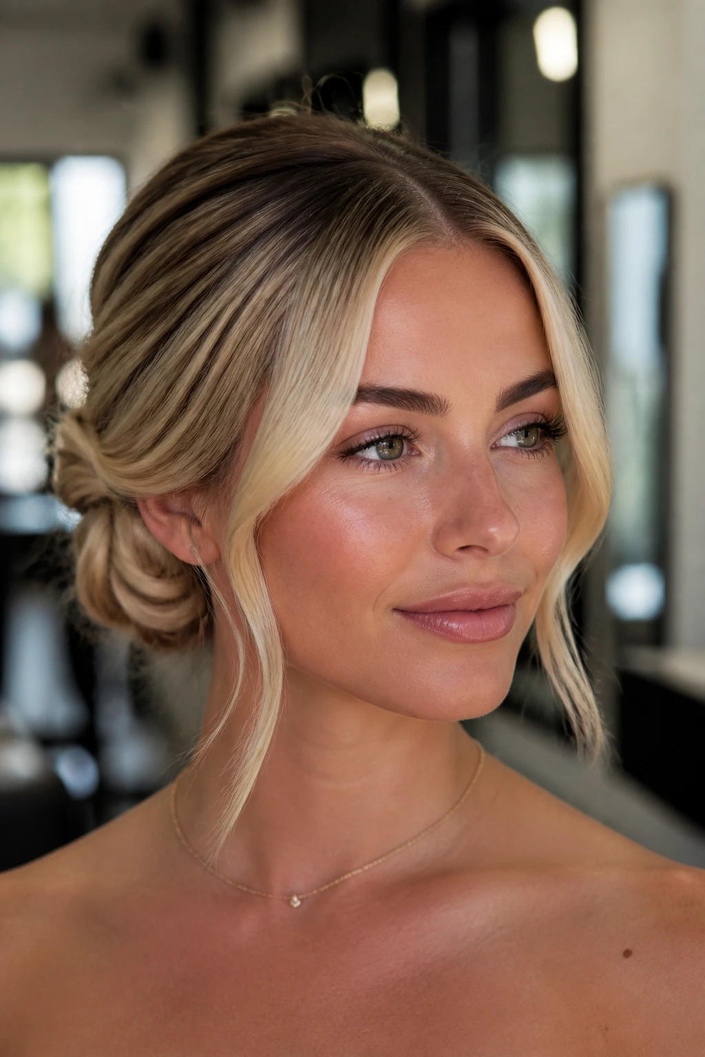 Close-up of Knotted Low Updo with Clean Center Part on a real person