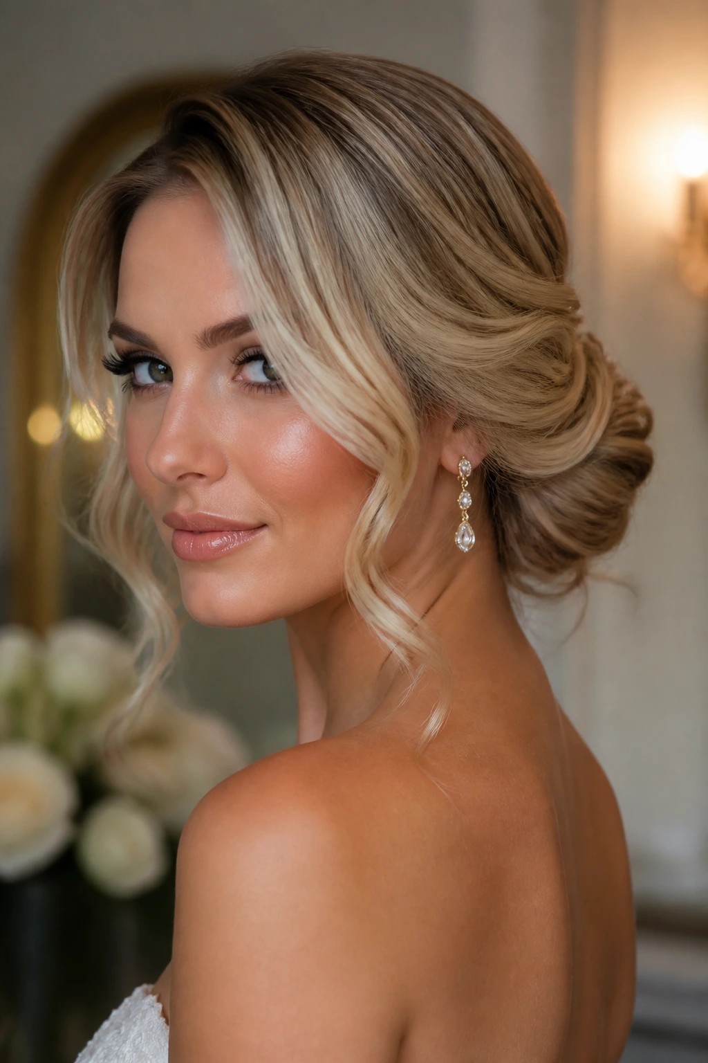 Close-up of Deep-Side Chignon with Soft S-Bends on a real person