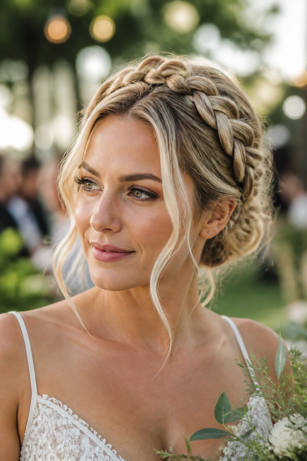Close-up of Milkmaid Braid Bun with Face Brighteners on a real person
