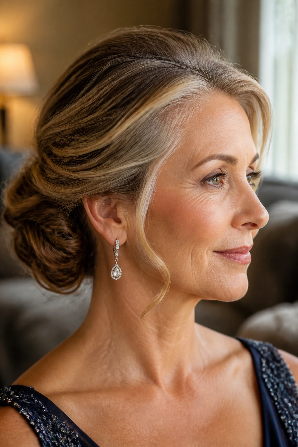 Close-up of a real woman with an elegant updo and brightened temples in warm window light