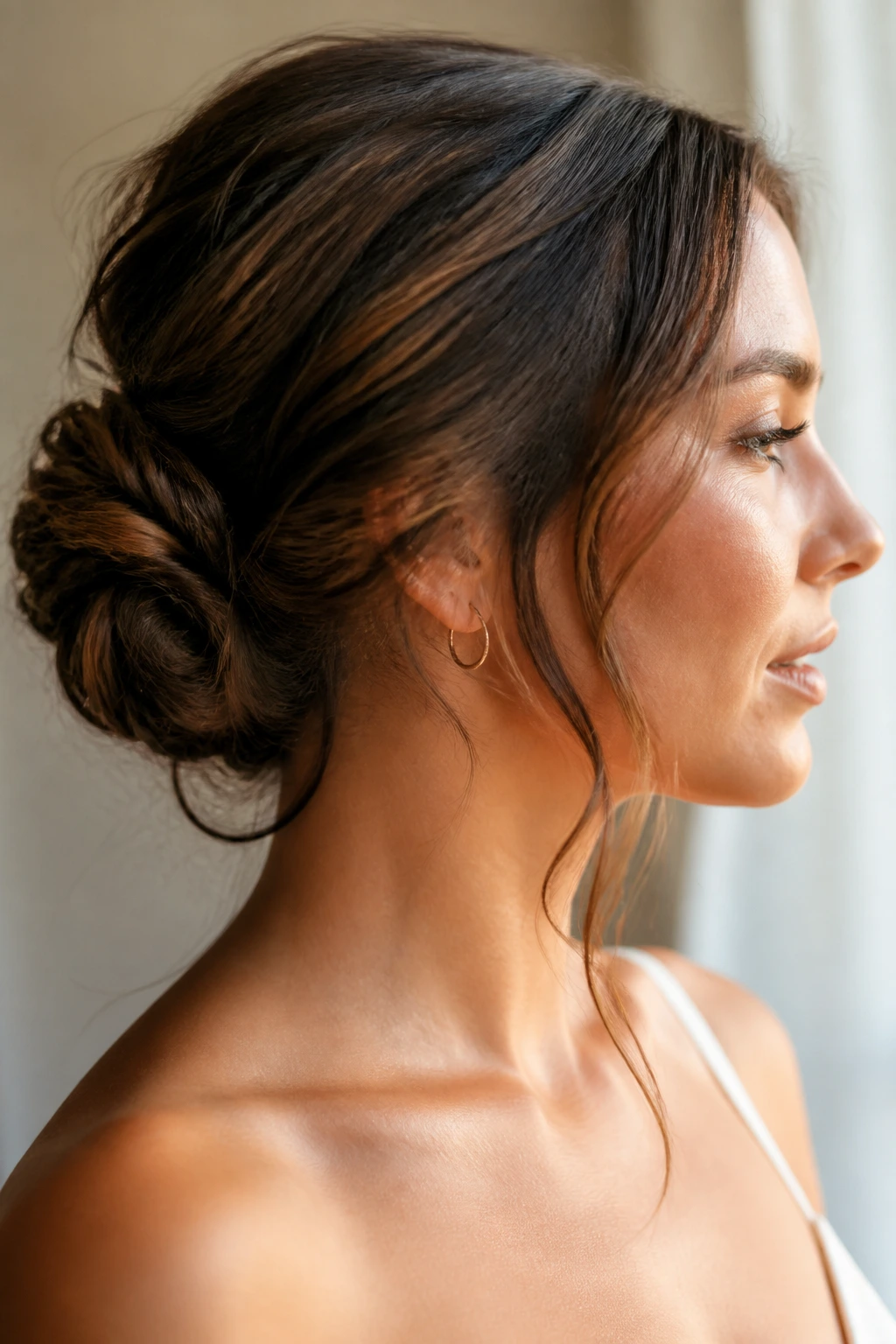Portrait of a woman with a secure low bun and crossed pins under the twist in warm natural light