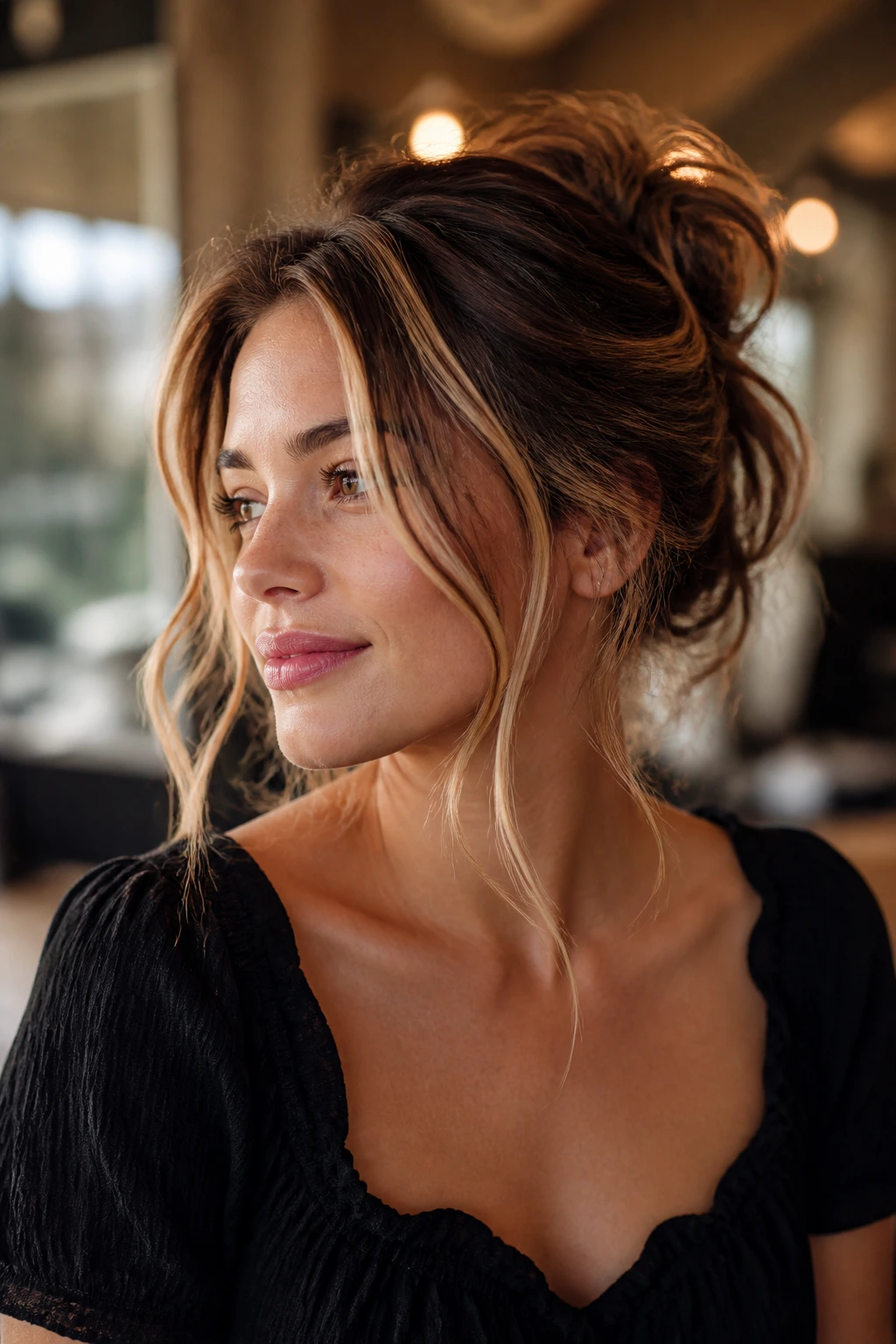 Portrait of a woman with an updo tailored to her length and texture