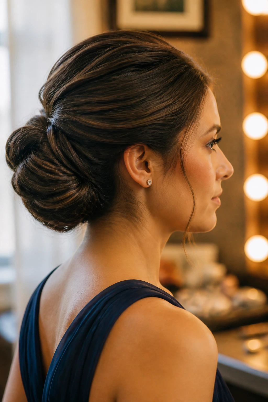 Close-up of a real woman with a sleek low bun designed for lasting hold