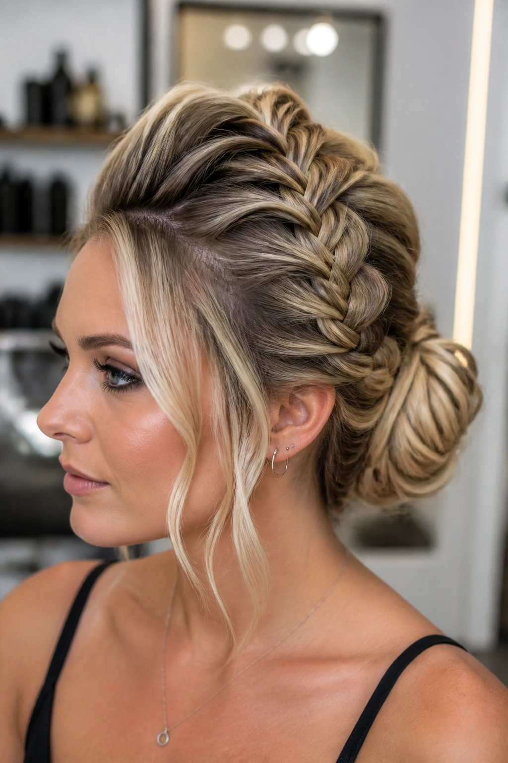 Close-up of Braided Mohawk Bun with Lift at the Crown on a real person