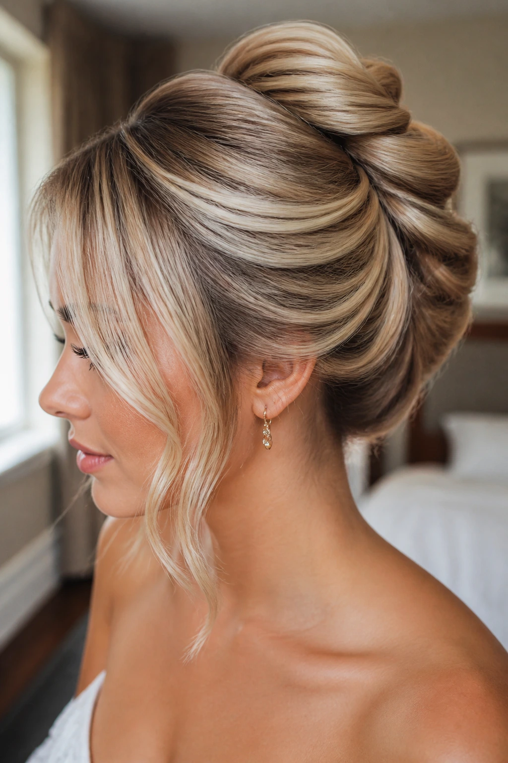 Close-up portrait of a real woman wearing Rolled Twist Updo with satin shine and blonde money pieces.