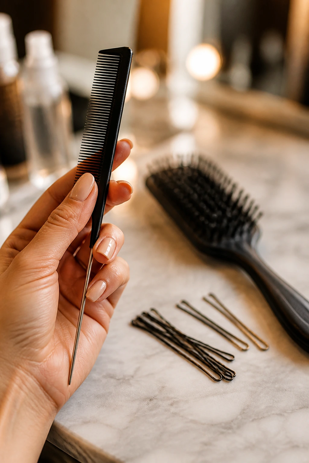 Close-up of hair tools for thick-hair updos on a salon vanity