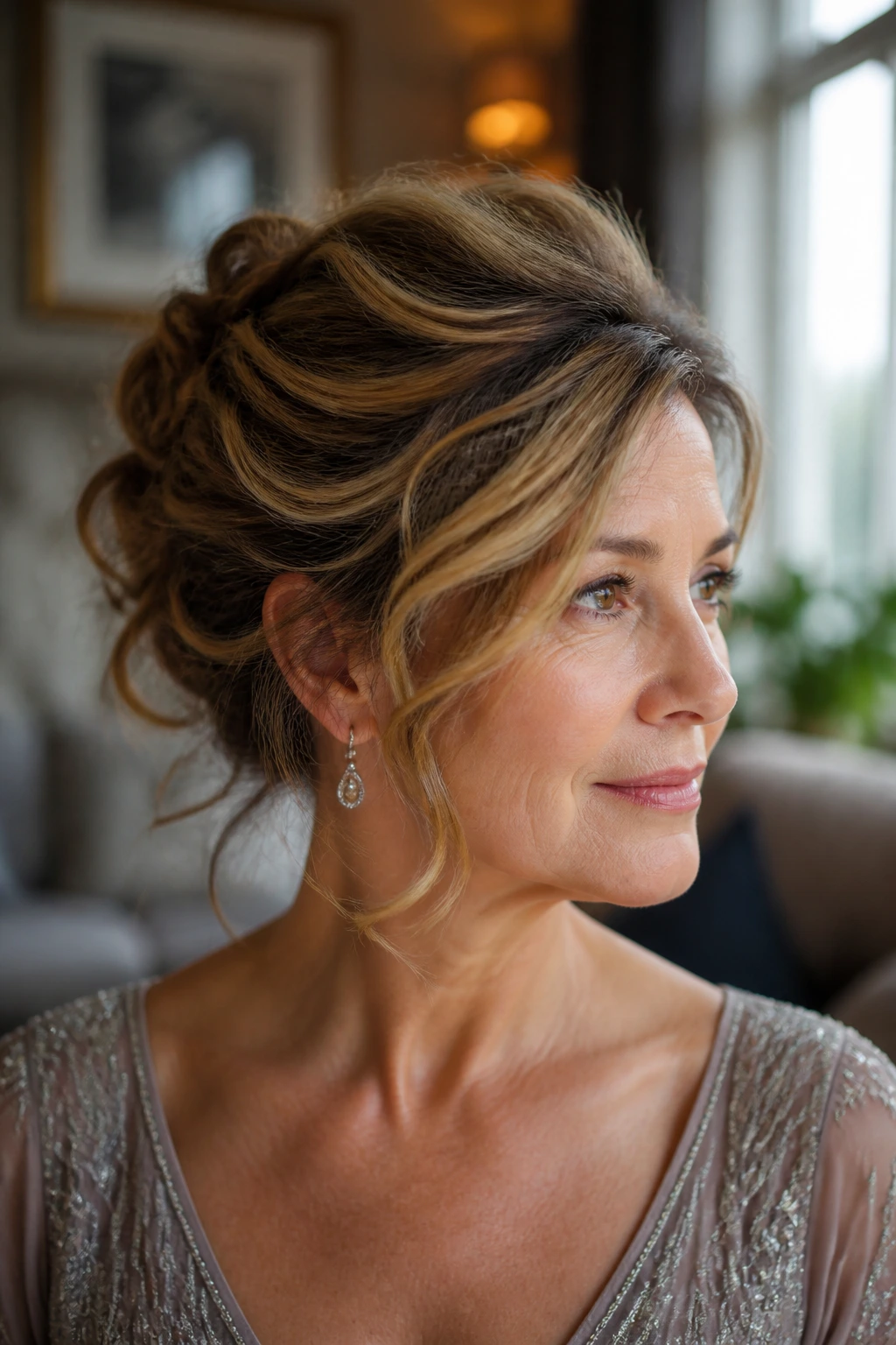 Close-up of a real woman with a messy but intentional updo