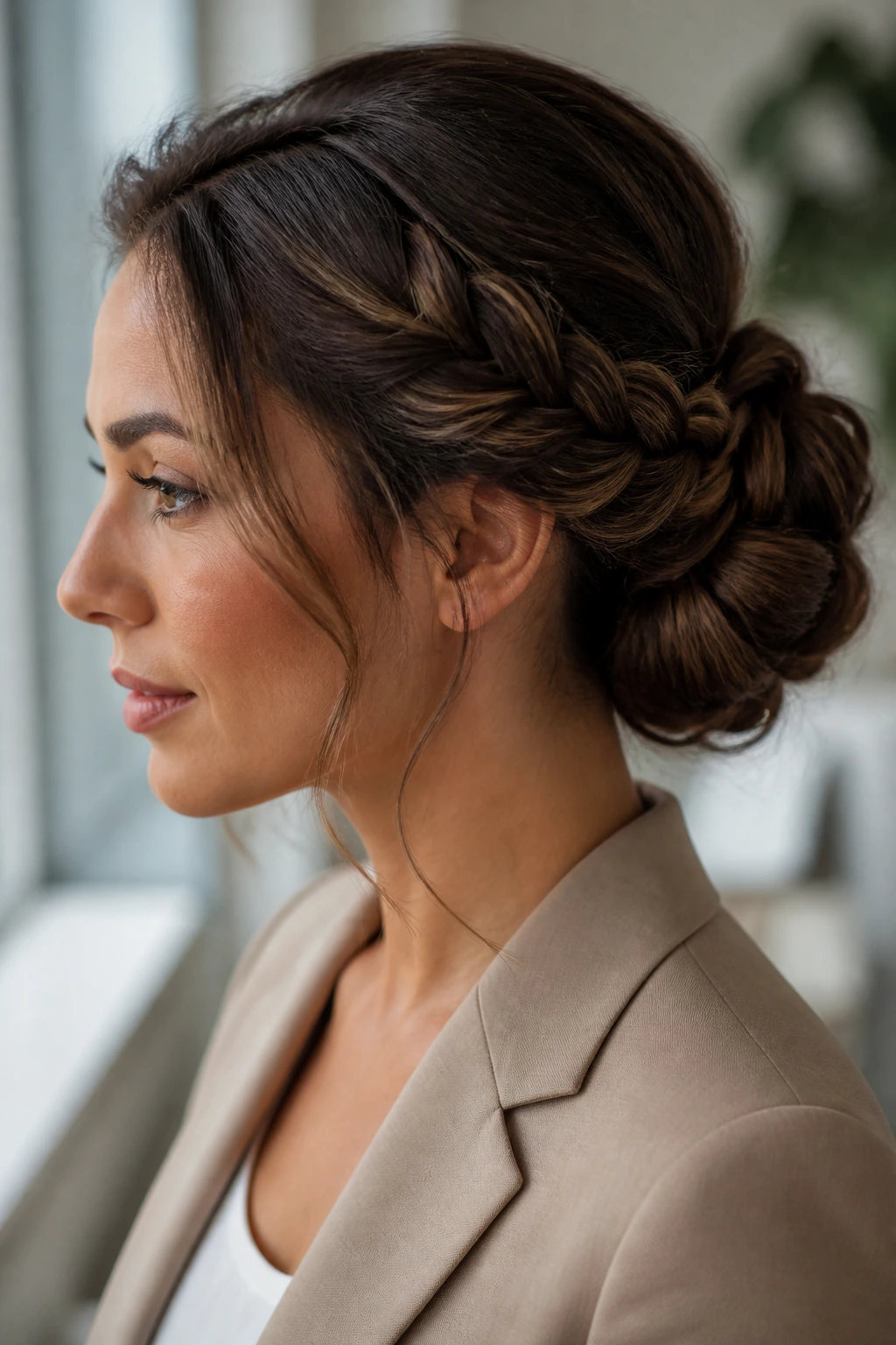 Real woman with a versatile low braided chignon hairstyle, in a bright office-like setting
