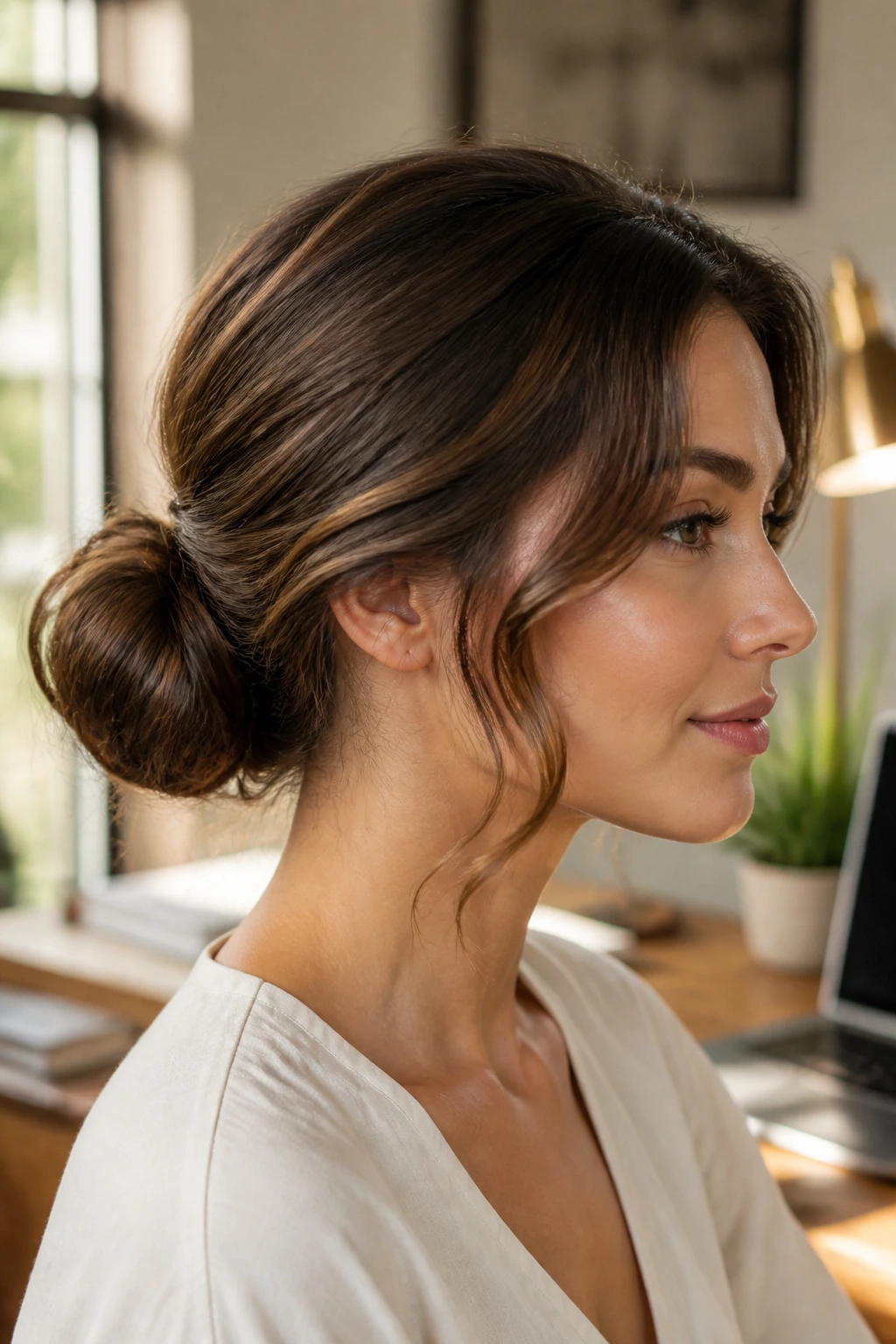 Close-up portrait of a real woman with a sleek low bun and wavy hair in a bright home-office setting.