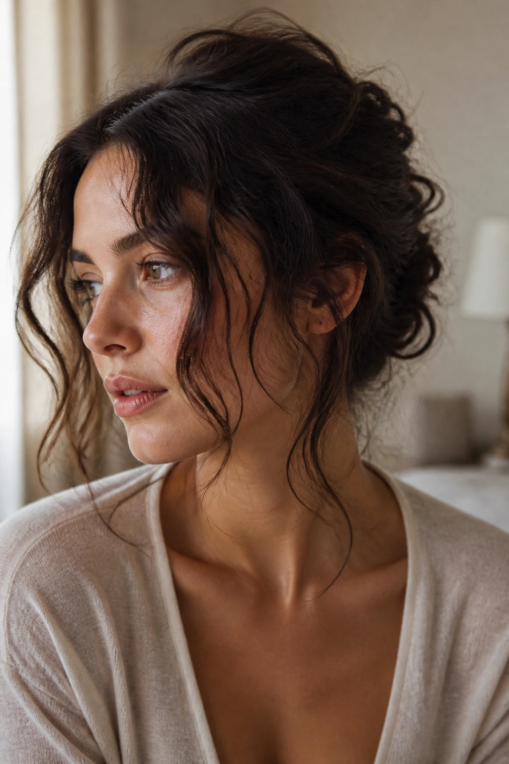 Portrait of a real woman with a casual updo and tendrils framing her face