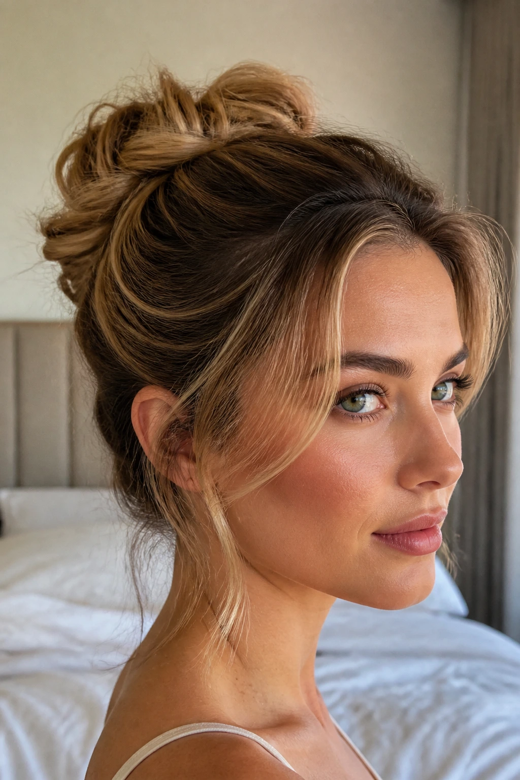 Close-up of a real woman with an elegant updo and soft face-framing pieces.