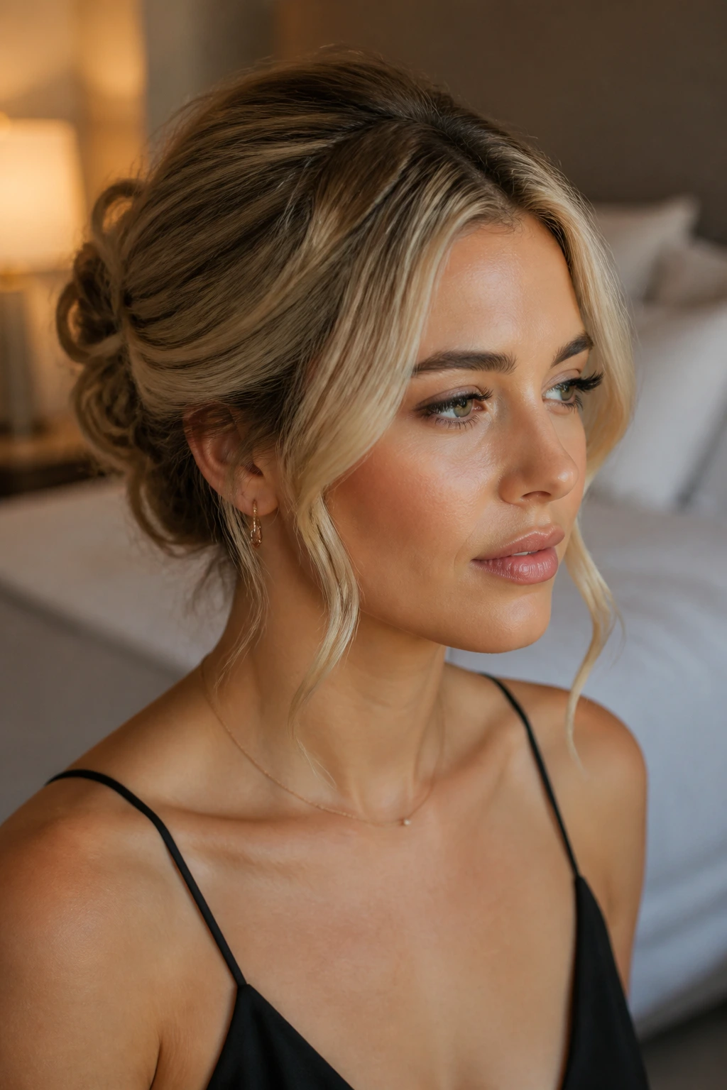 Close-up portrait of a woman with money-piece highlights framing the face in an elegant updo