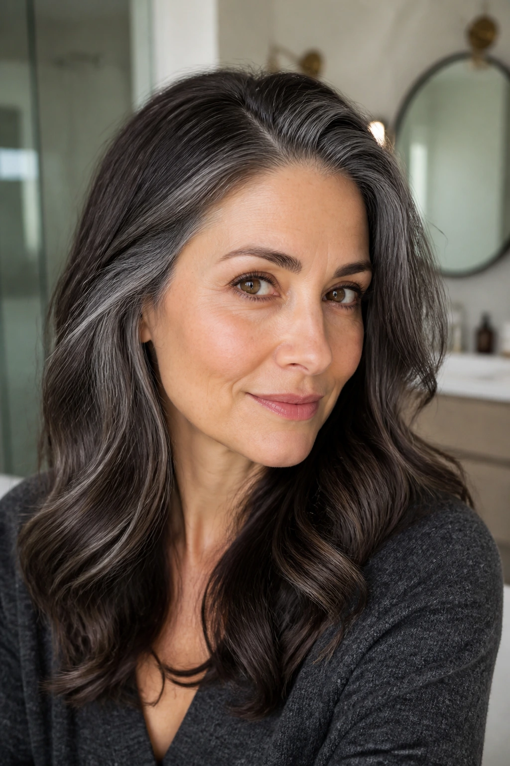 Close-up portrait of a real person showing root shadow and grey pieces to illustrate upkeep and gloss timing