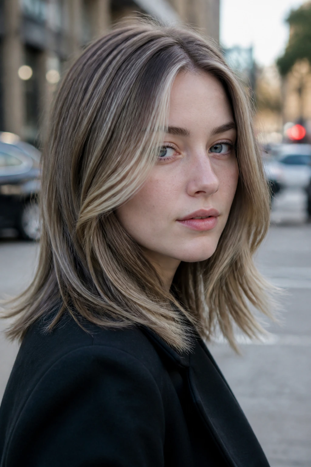 Close-up portrait of a real woman with urban mushroom blonde hair