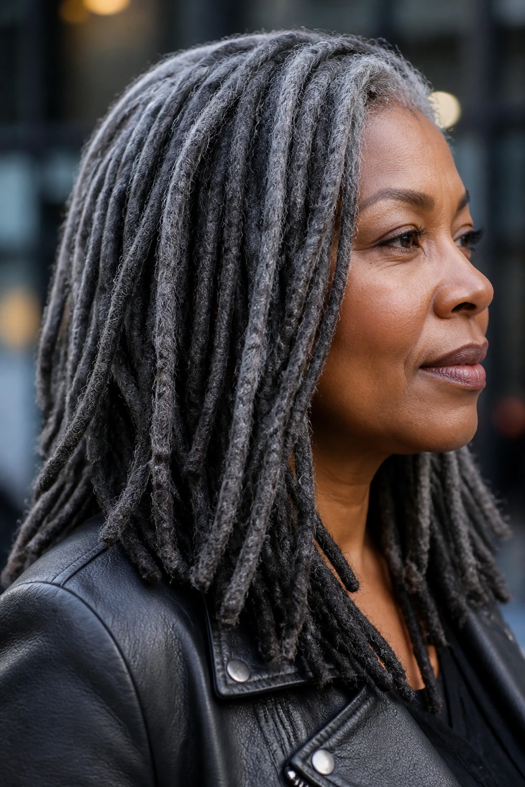 Portrait of a person with urban slate locs and dark lowlights on a city street