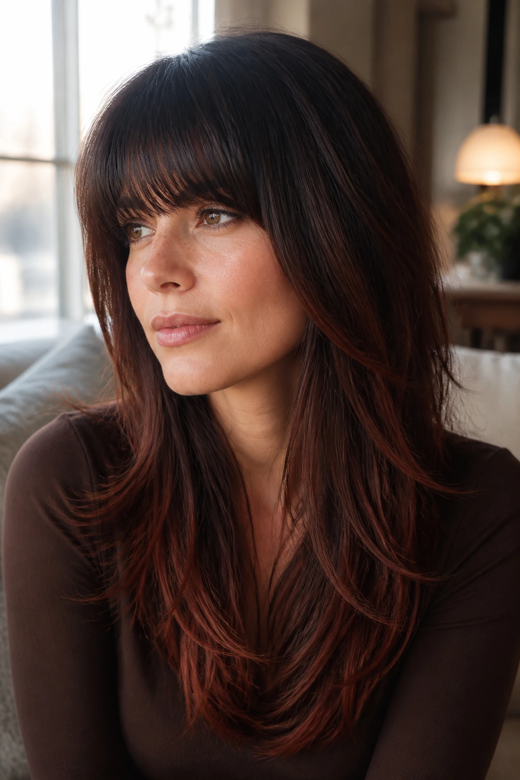 Close-up of a real woman with a V-cut hairstyle featuring auburn lowlights and heavy bangs