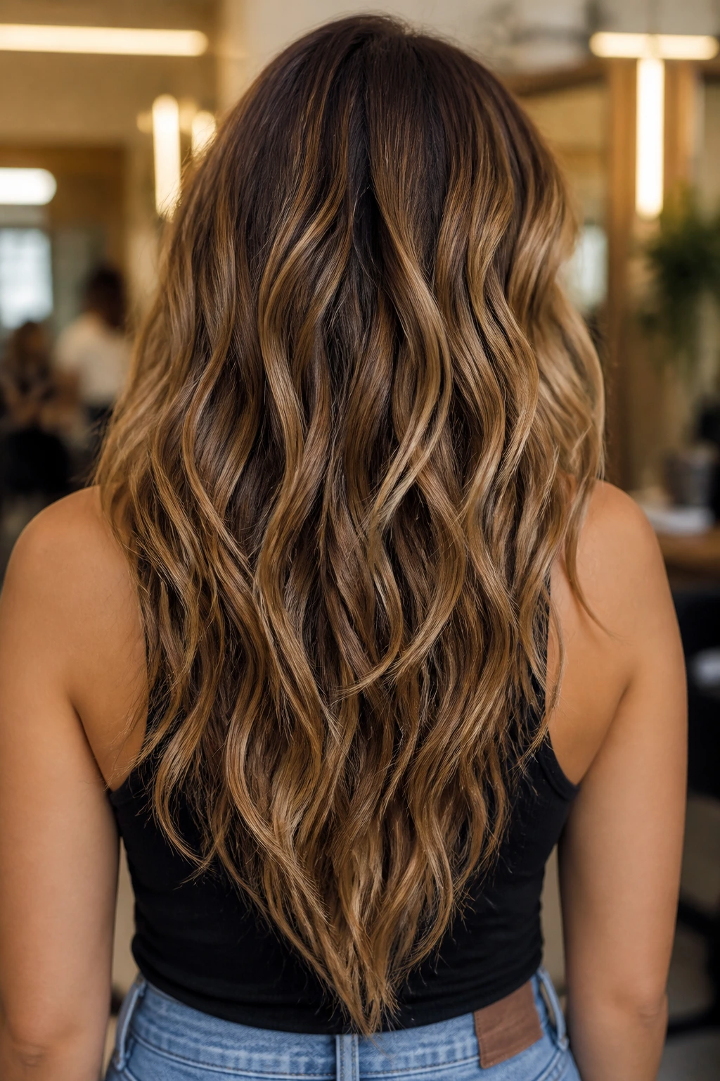 Back view close-up of a real woman with a subtle V-cut at the nape and long waves