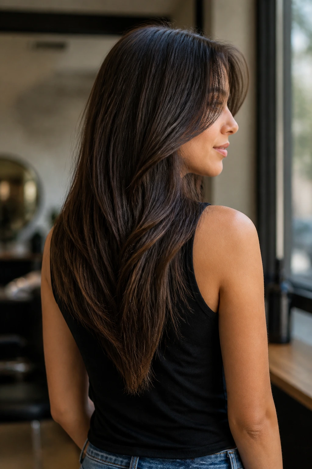Three-quarter view of a real woman showing a V-cut at the back with back-length taper.