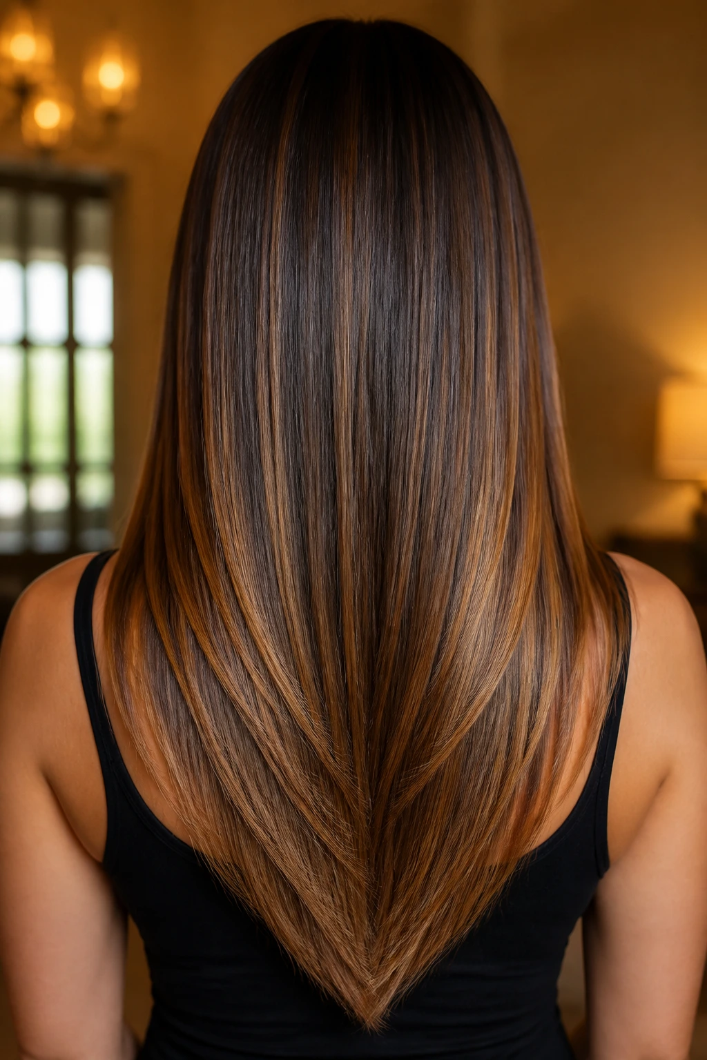 Back-of-head view of V-cut long hair with caramel midlength highlights
