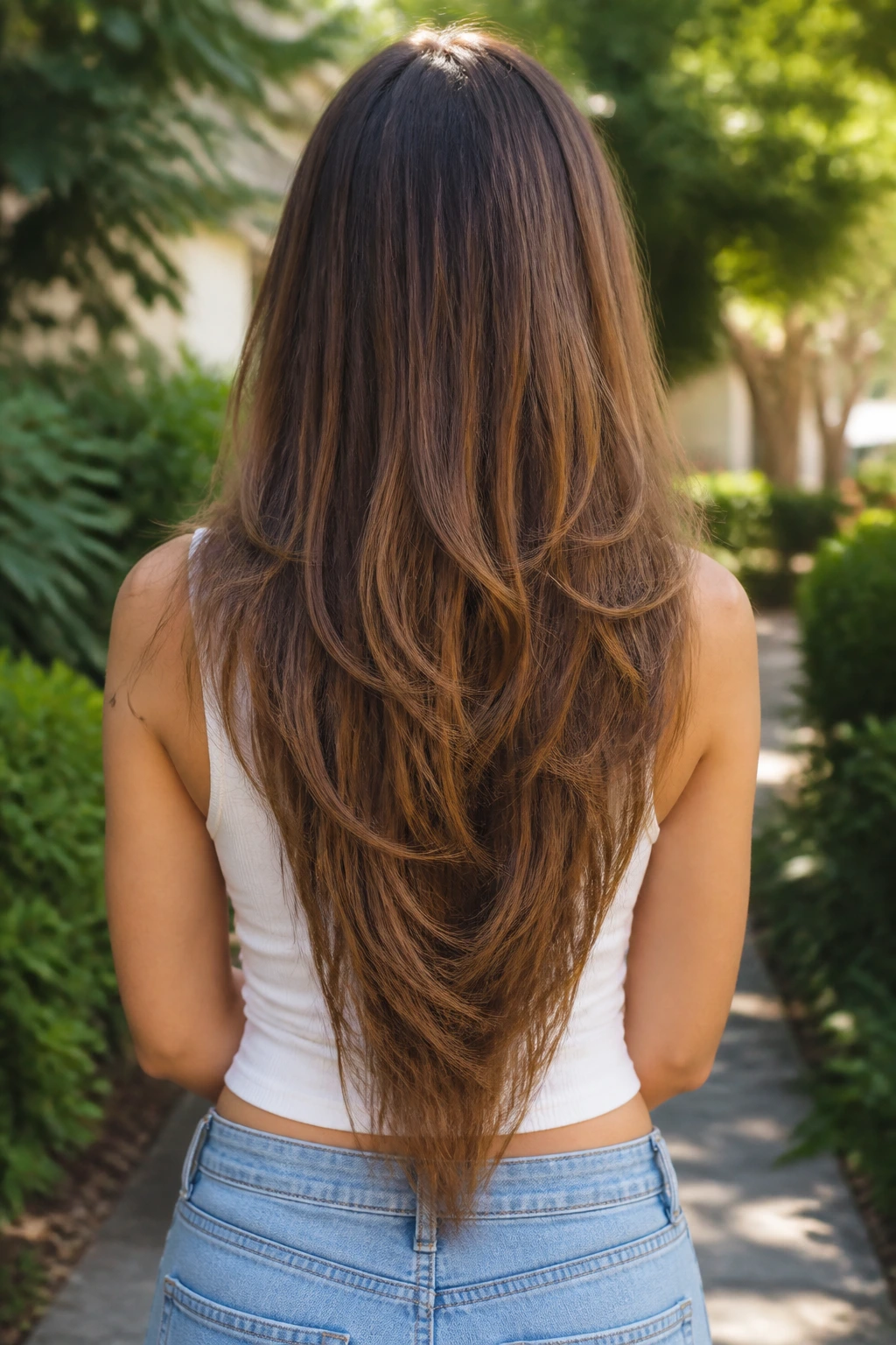 Back view of real woman showing soft V-cut cascade in long hair
