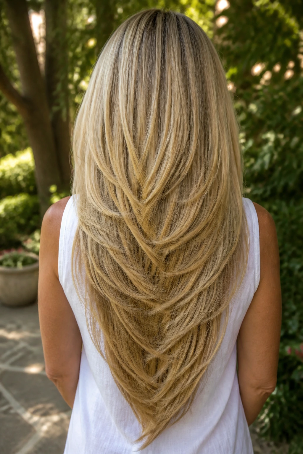 Back-view portrait of a real woman with a V-cut cascading layers in long blonde hair