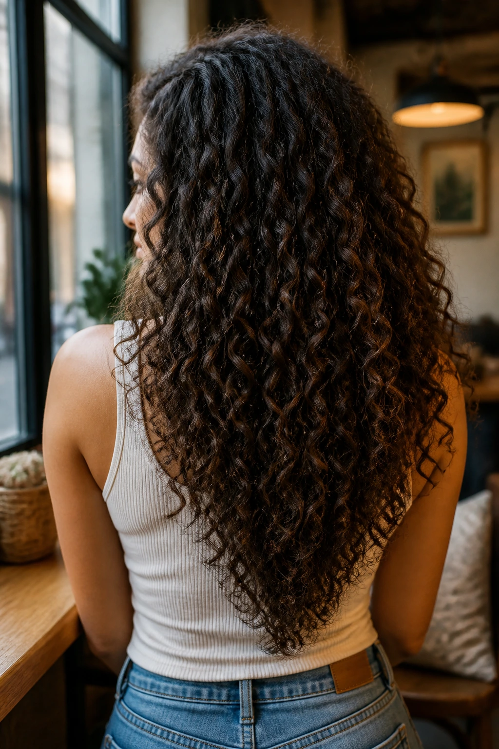 Woman with a V-cut back line in long curly hair