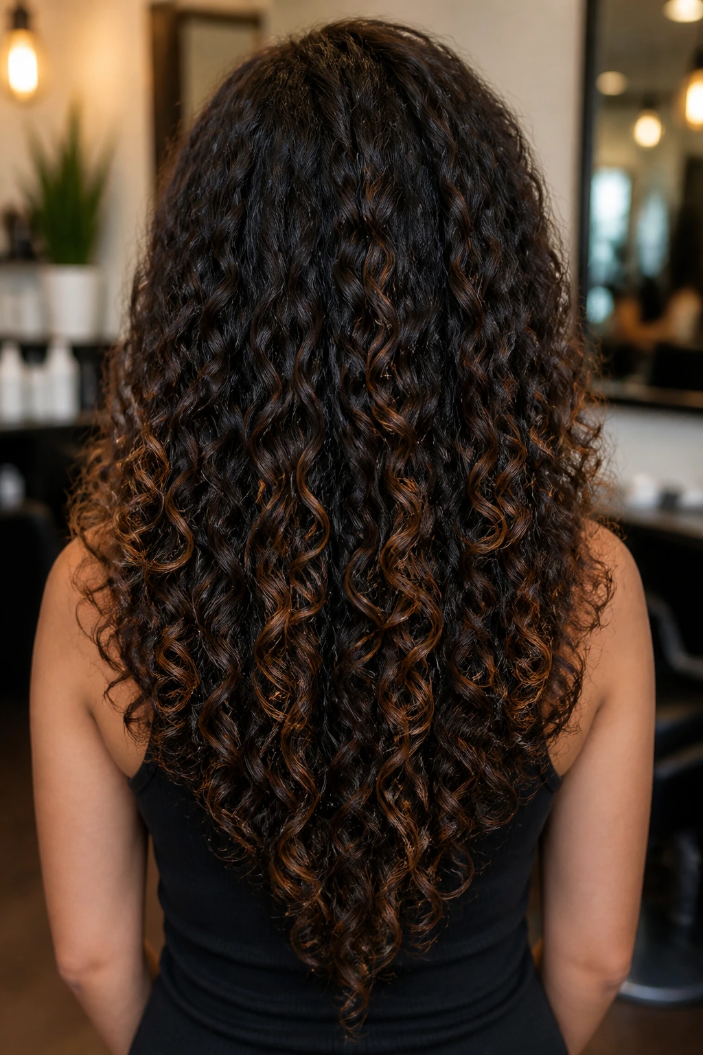 Back view of real woman with long curls showing a soft V-cut and caramel highlights
