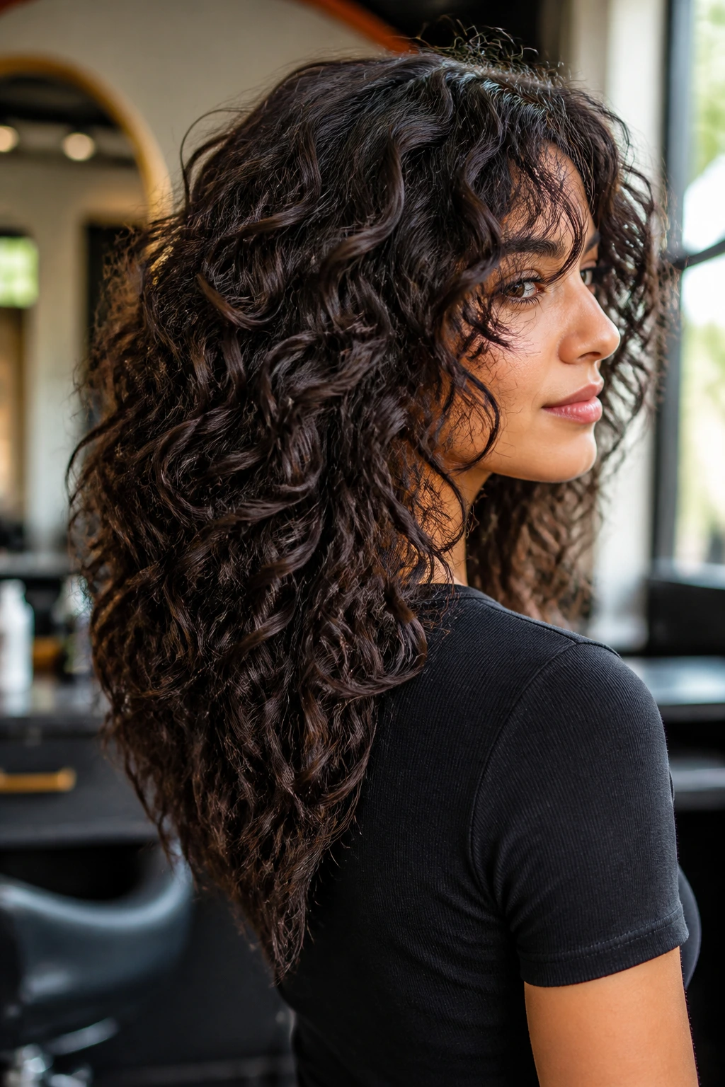 Close-up portrait of a real woman with a V-cut hairstyle featuring dropped side slices in a softly lit salon.