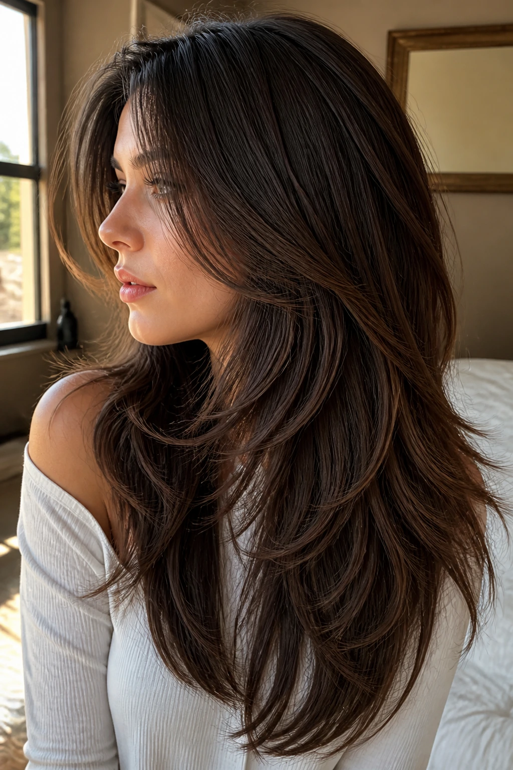 Close-up of a real person with a V-cut and sweeping face frame in natural light