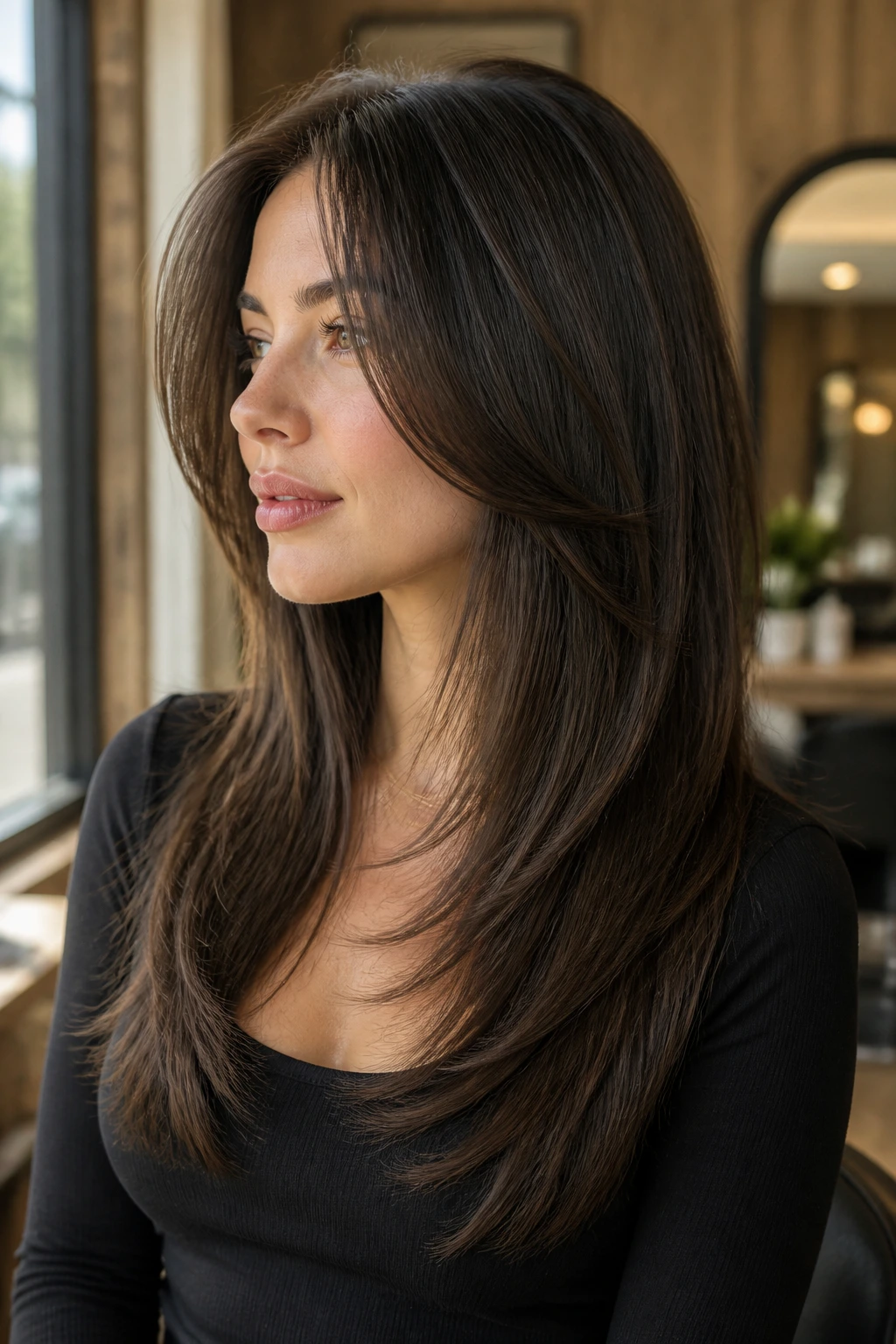 Close-up portrait of a real woman featuring a face-framing V-cut with a clean perimeter in long hair.