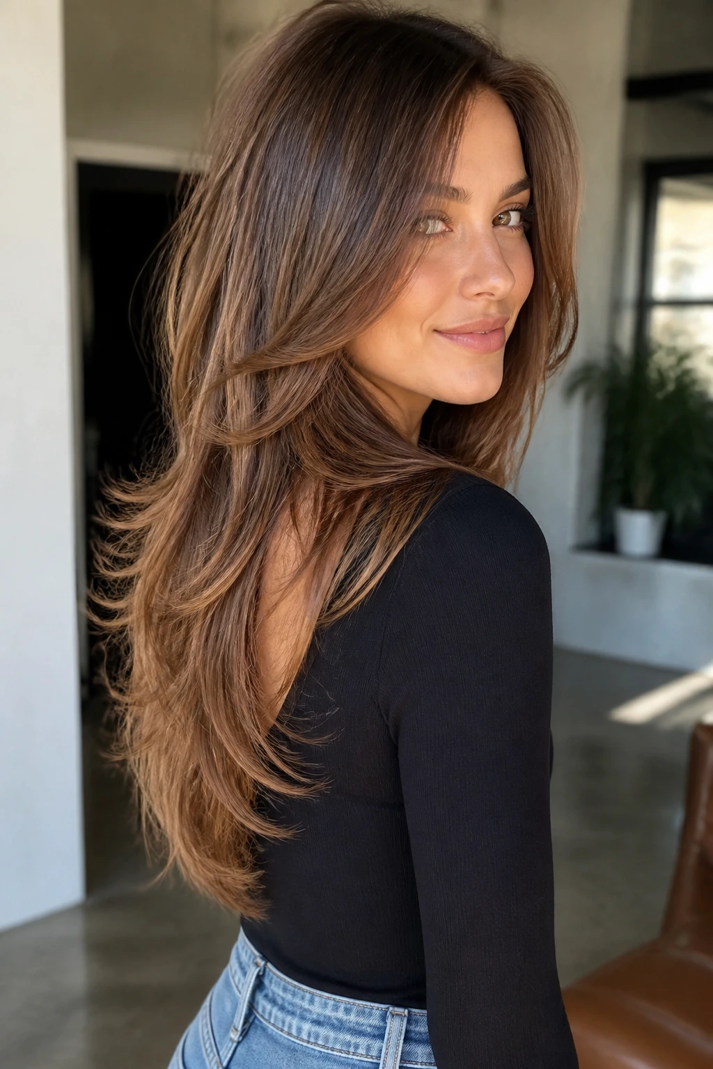 Close-up of a woman with V-cut feather layers and tapered ends