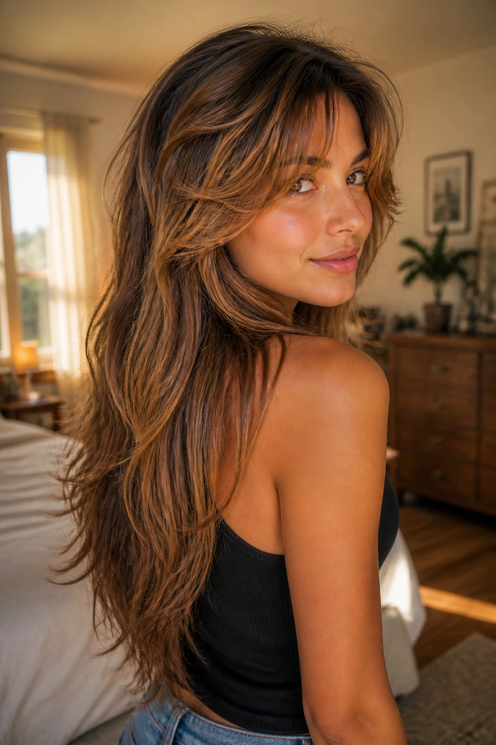 Close-up portrait of a real woman with V-cut length and feathered fringe
