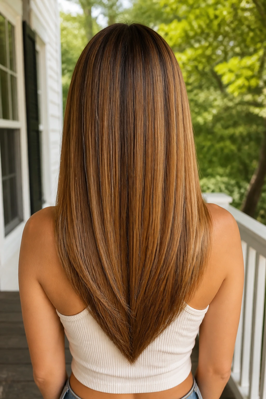 Back-of-head view of a woman with a glossed V-cut and caramel shine