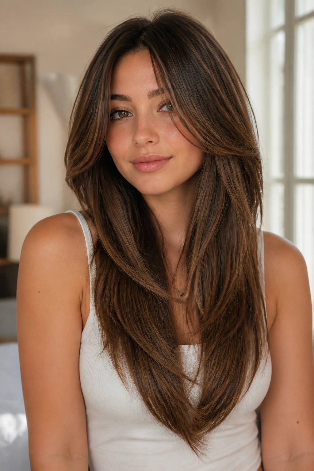 Medium close-up of a real woman with a long V-cut hairstyle and front angles