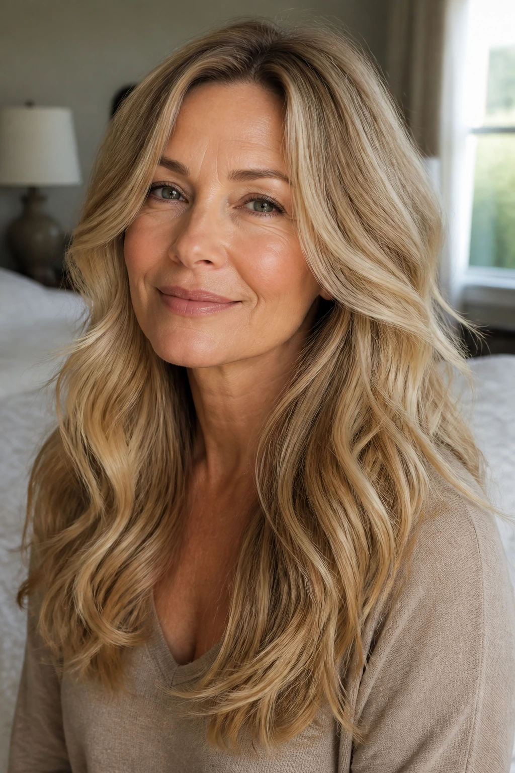 Close-up of a real woman with long hair featuring a V-cut and golden beige waves in a cozy bedroom.
