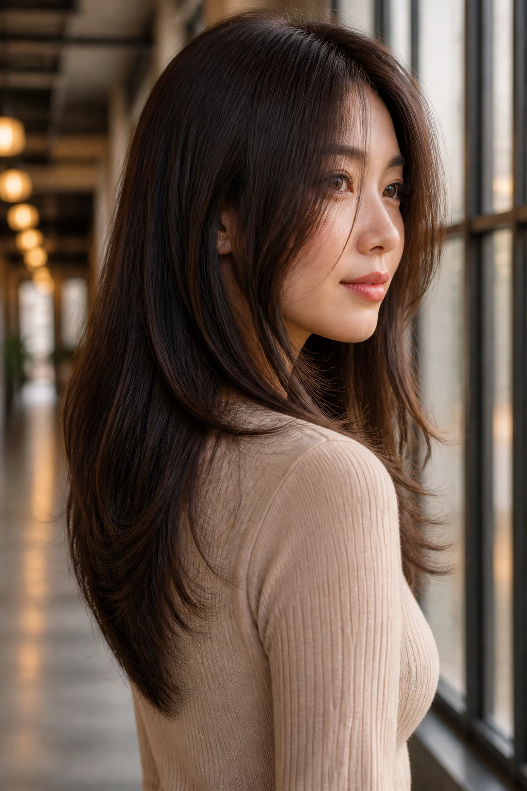 Real woman with V-cut haircut and long front panels in profile.