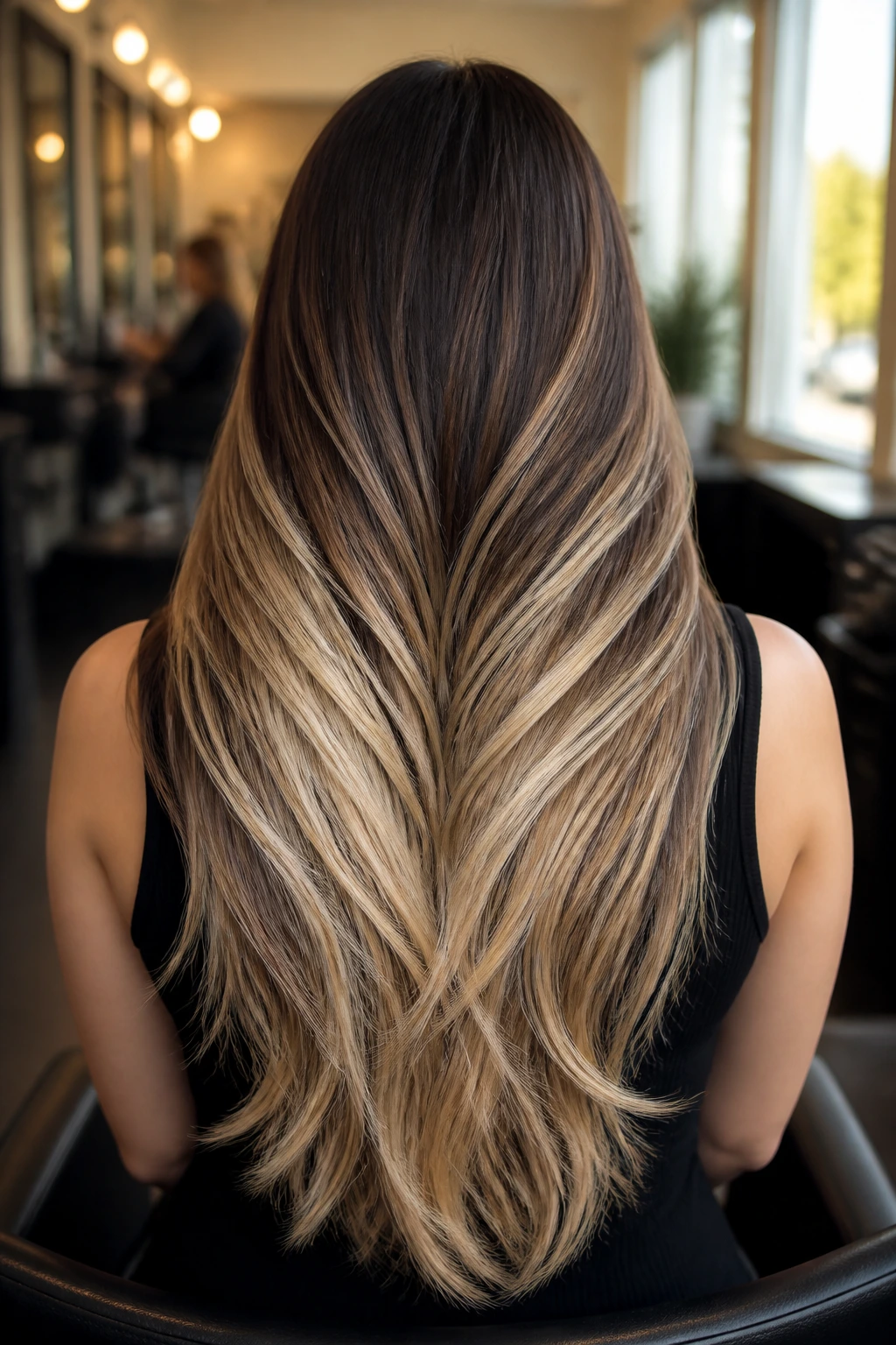Close-up of a real woman with long hair showing a V-cut highlight mapping toward the center back